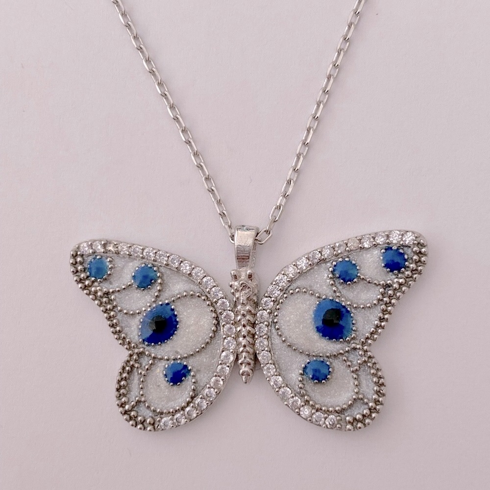 🦋 925 Silver butterfly blue evil eye clear cubic zirconia cz stones necklace